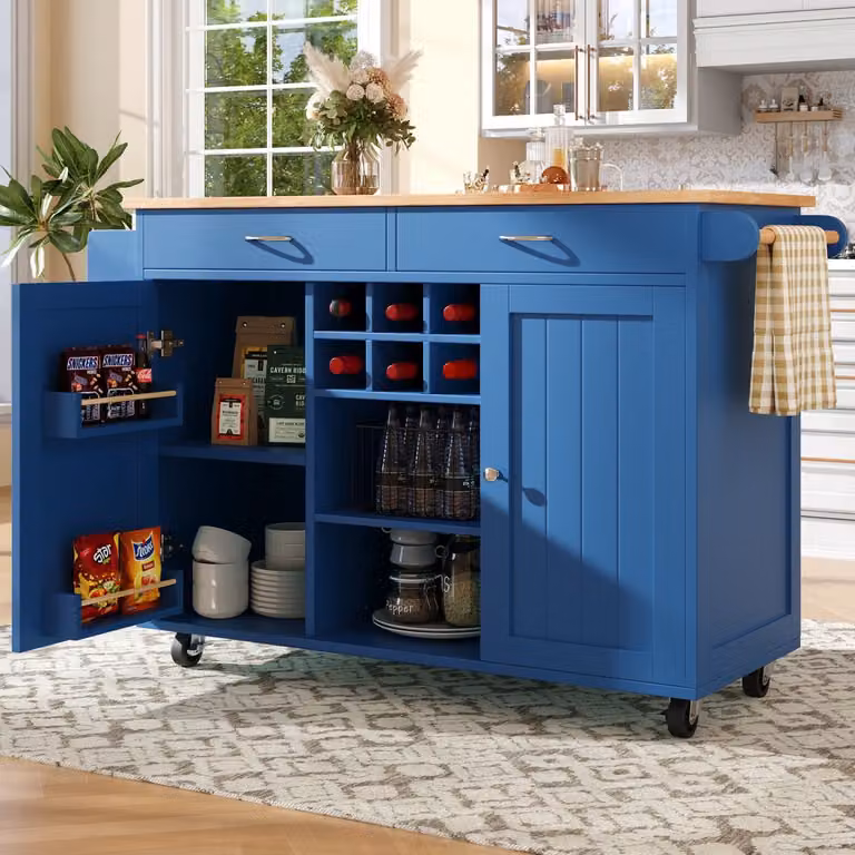 VVBV Modern Keukeneiland Blauw met Opbergruimte en Zwenkwielen, Hout, B/D/H: 102 x 45 x 92 cm