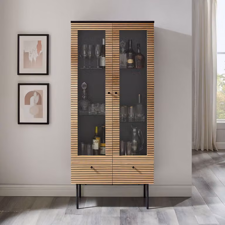 Artistiq Living Vitrinekast Shoua Bruin met Glazen Deuren en Soft-close H: 179 cm, B: 79 cm