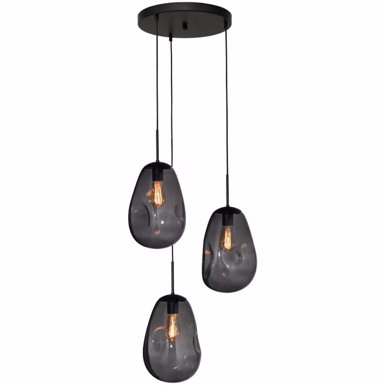 Masterlight Lava Pendel hanglamp met 3 rookglas lampen in zwart en grijs, Diameter: 22,5 cm