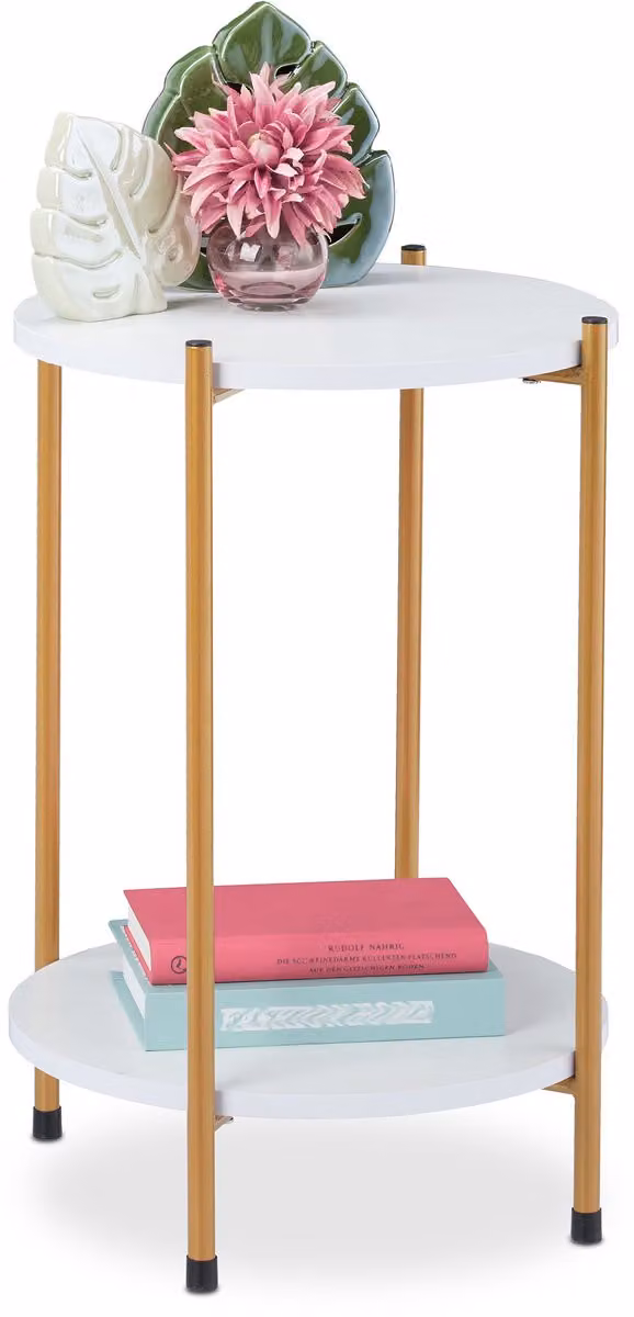 Ronde bijzettafel met 2 etages in wit-goud, metaal en MDF, B/D: 55,5 x 40 cm