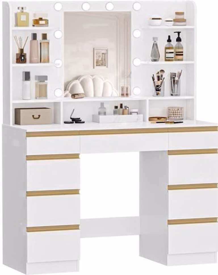 Wit Kaptafel met Gouden Accenten, Grote HD Spiegel, 1 Grote Lade, 8 Kleine Laden en 9 Open Planken, B: 140 cm, H: 108 cm, D: 40 cm