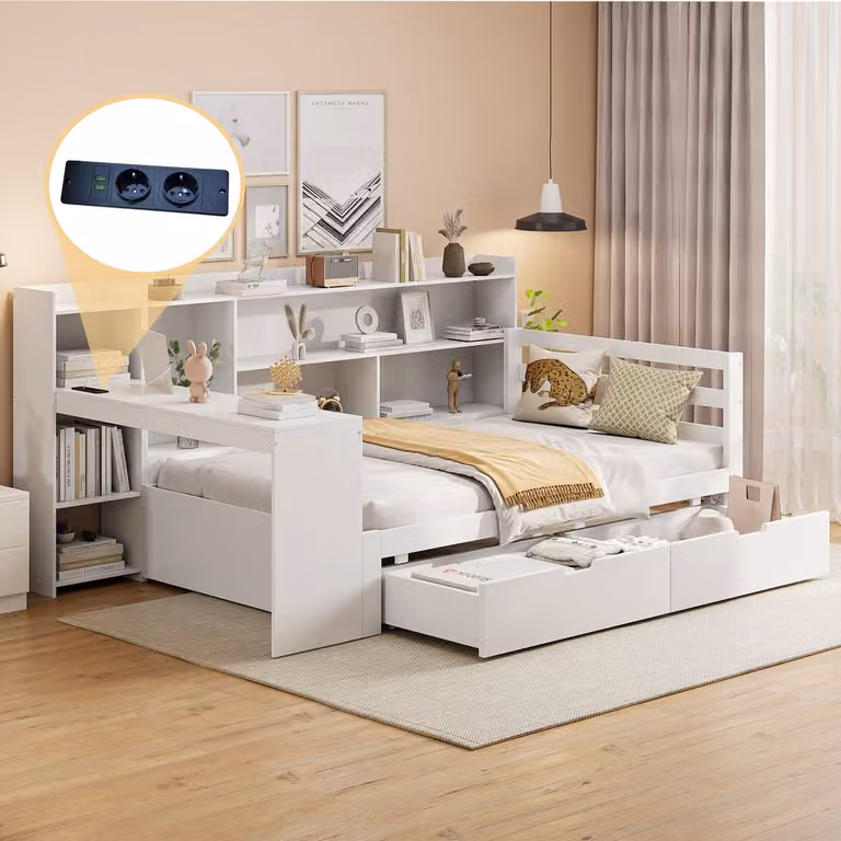 HAUSS SPOLE Massief Houten Slaapbank Wit - Multifunctioneel met Bureau, Boekenplanken, USB, Stopcontact en 2 Ladeboxen - 90x200 cm
