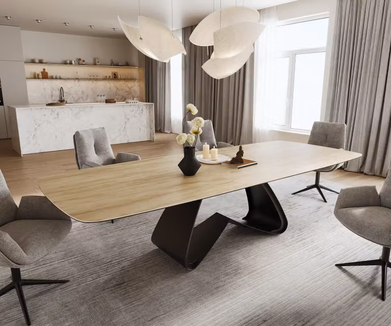 DELIFE Eettafel Edge Boot uitschuifbaar, Keramiek Sabbia Eichefarbig, B/D/H: 240-300 x 120 x 76 cm, Zwart X-onderstel