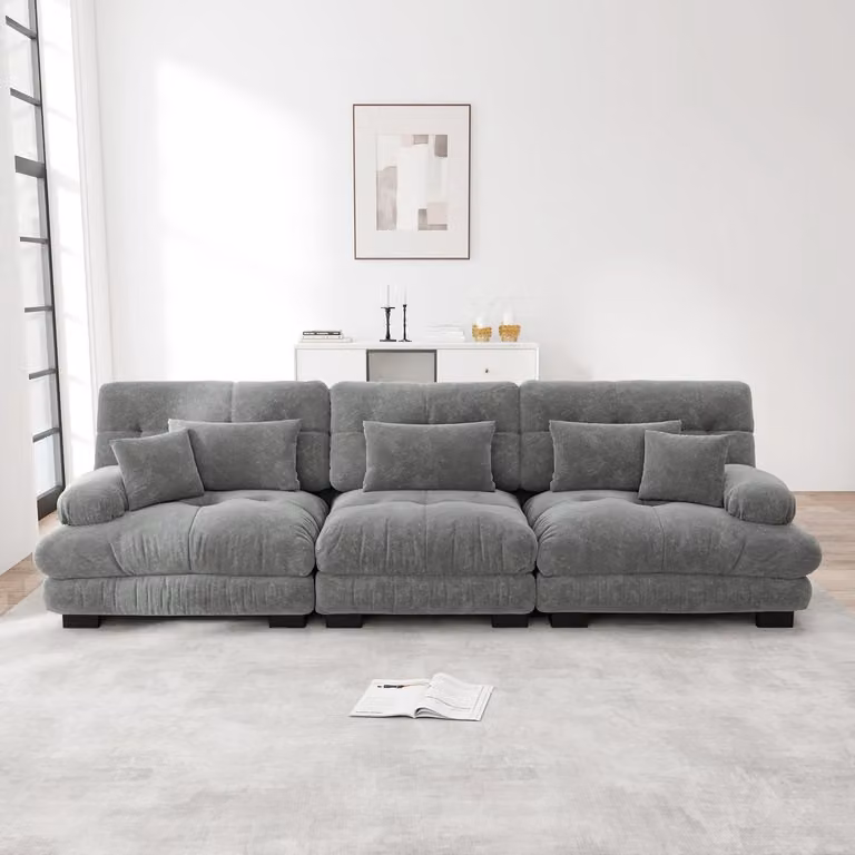 Modulaire 3-zits hoekbank met diepe zit en slaapfunctie in grijze chenille voor woonkamer of kantoor
