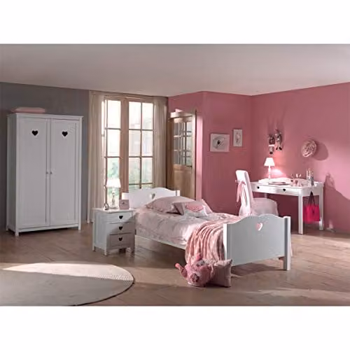 Vipack Amori slaapkamerset met eenpersoonsbed, lattenbodem, 2-deurs kast, nachtkastje en bureau, B/D/H: 90 x 200 cm