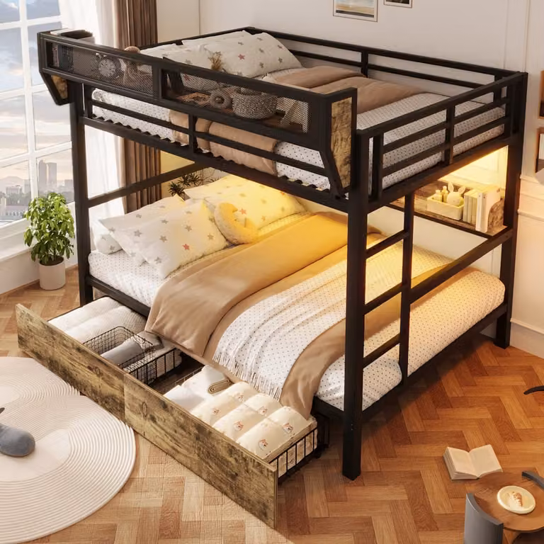 Zwart stapelbed voor kinderen met ledverlichting, opbergmand, plank en 2 lades, B/D/H: 140 x 200 cm