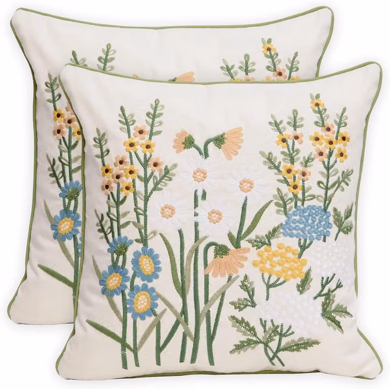 Set van 2 sierkussenshoezen met gele madeliefjes in boerderijthema, 45 x 45 cm
