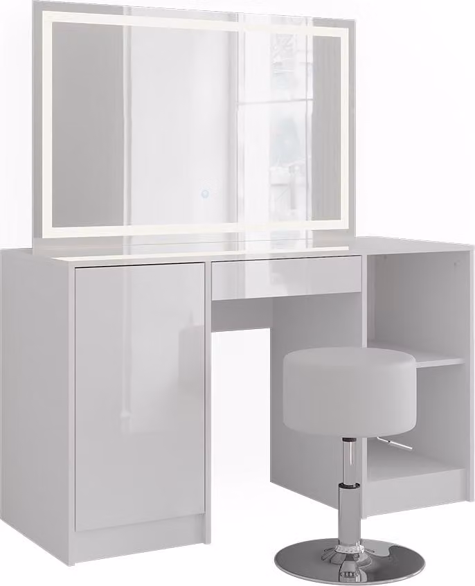 Vicco Kaptafel set met kruk Sherry Wit/Wit Hoogglans, Breedte: 128.2 cm, met LED-spiegel