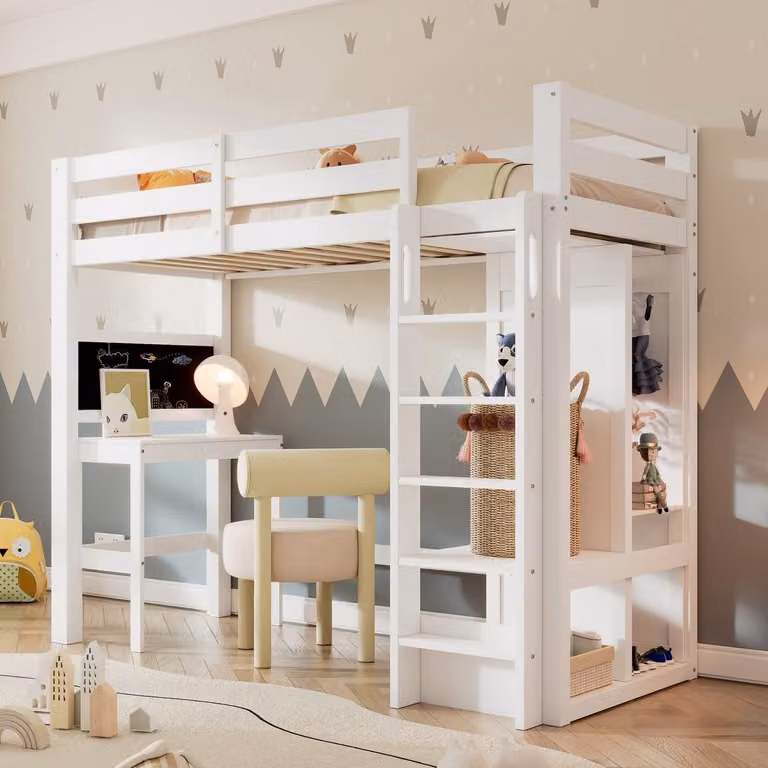 VVBV Hoogslaper voor kinderen en tieners met bureau, planken en uitvalbeveiliging, Wit, B/D/H: 90 x 200 cm