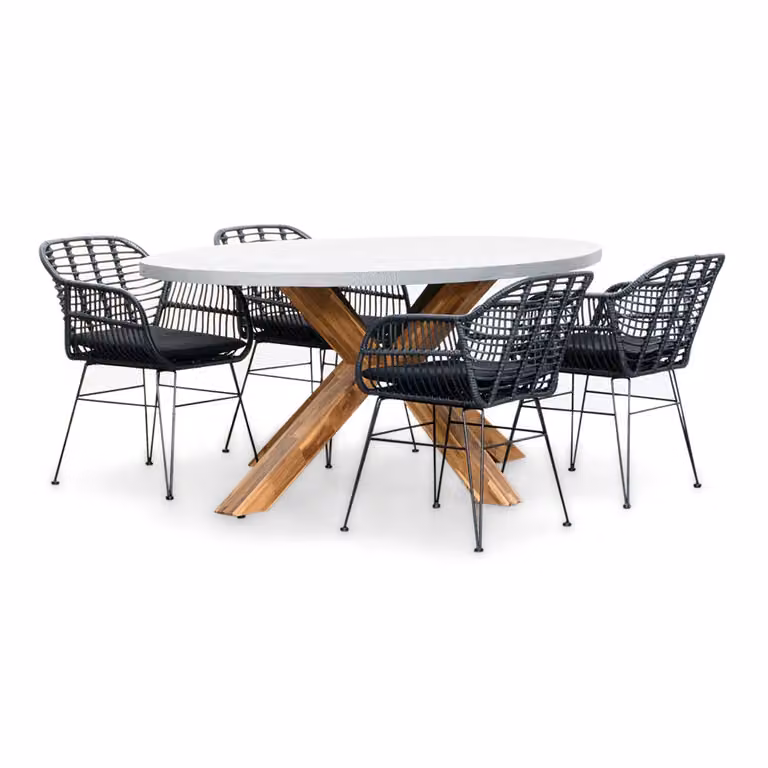Livorno/Napels dining tuinset voor 4 personen met betonlook en wicker, 200 cm ovaal