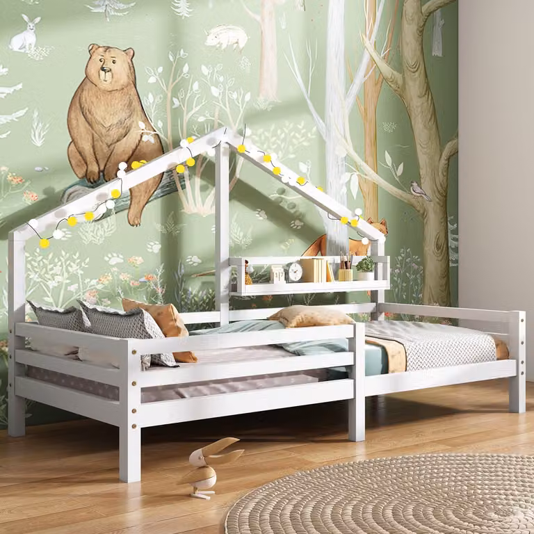 CHICFURN Kinderhuisbed met boekenrek en uitvalbeveiliging, Wit, B/D/H: 90 x 200 cm