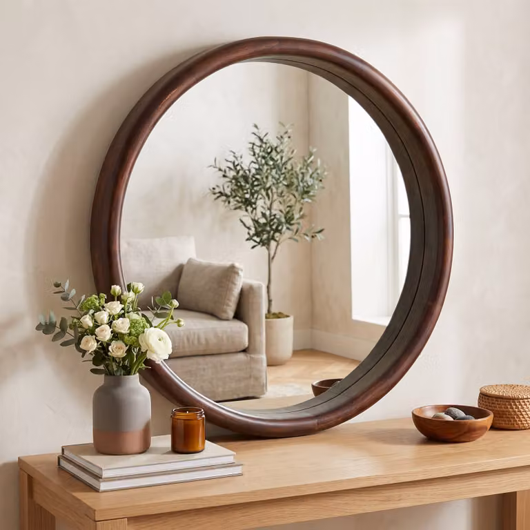 Light en Living Moderne Ronde Wandspiegel van Hout in Bruin, B: 80 cm, D: 10 cm, H: 80 cm