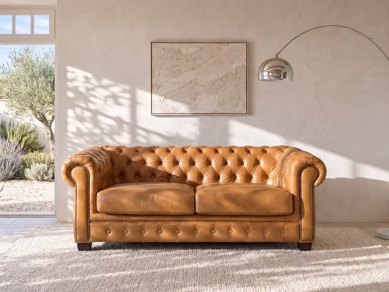 Chesterfield 3-zitsbank BRENTON 100% buffelleer - Vintage caramel - B/D/H: 201 x 96 x 73 cm