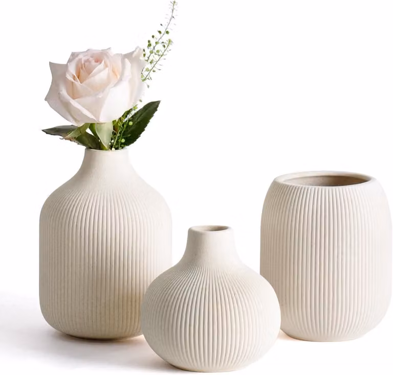 Moderne Beige Keramische Vaas Set van 3 met Geribbelde Textuur voor Minimalistische Decoratie
