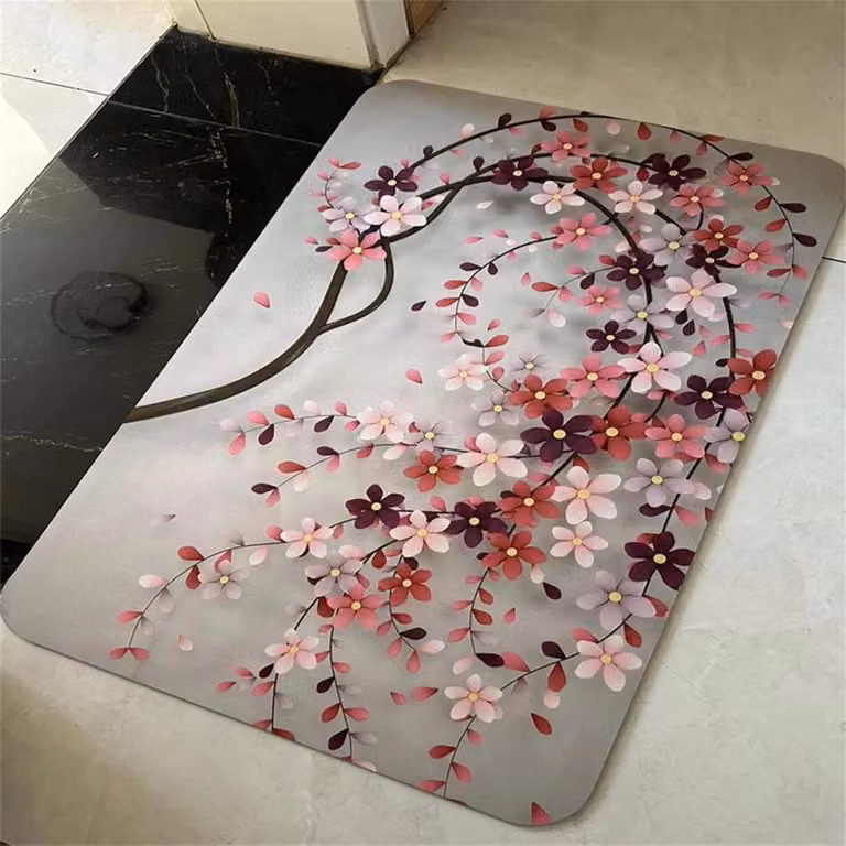 Niet-glijdende badkamermat en douchemat met rood bloemig design, 80 x 120 cm