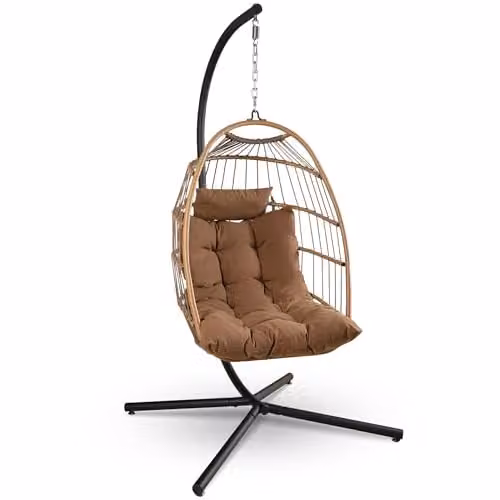 SereneLife Hangende Ei-Stoel met Standaard voor Volwassenen - Riet en Staal - Lounge Stoel voor in de Tuin of op het Terras