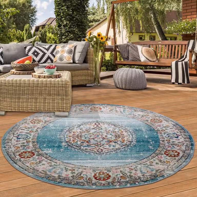 Teppich-Traum Rond Buitentapijt Orient Vintage Blauw en Crème, Diameter: 200 cm
