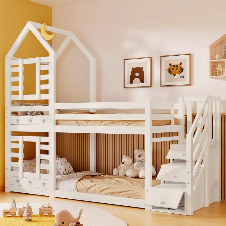Merax Kinderbed Boomhut Etagebed met Lades en Valbeveiliging, Wit, 90 x 200 cm