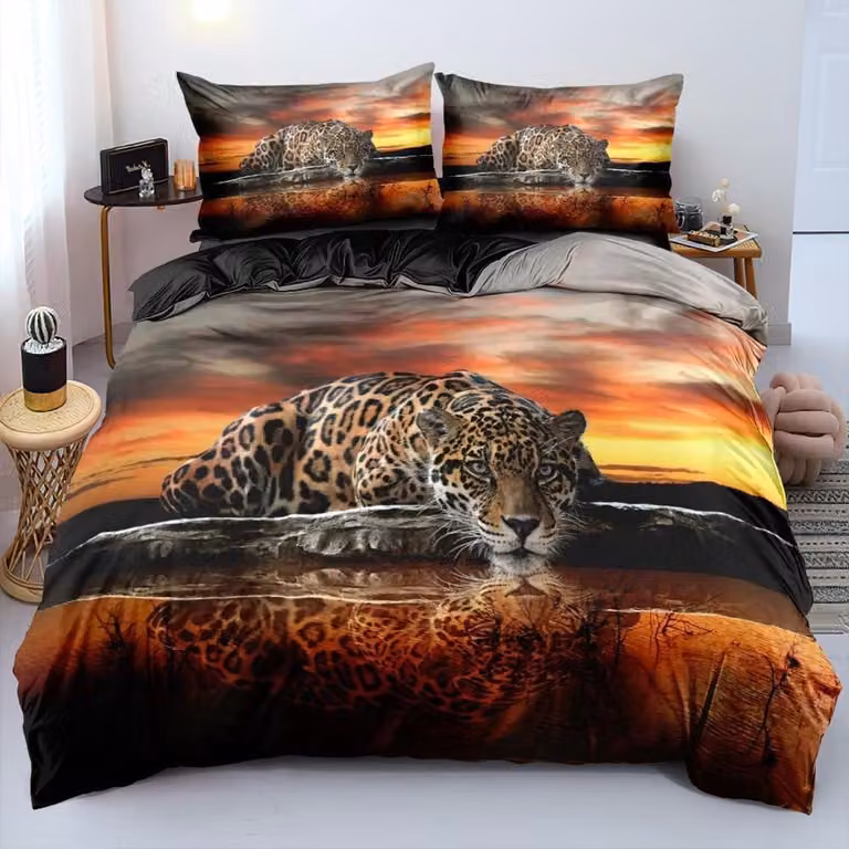 Dekbedovertrek met luipaardprint en 3D dierenprint in goud oranje, 155 x 220 cm