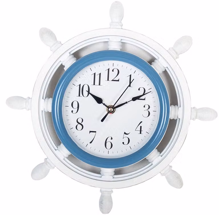 Gerimport Wandklok Stuurwiel Wit met Blauw - 33 cm - Maritiem Thema