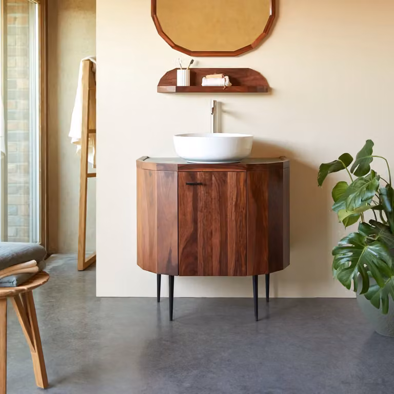 Tikamoon Wastafelkast Jade van massief palissander en marmer, Bruin/Groen, Breedte: 80 cm