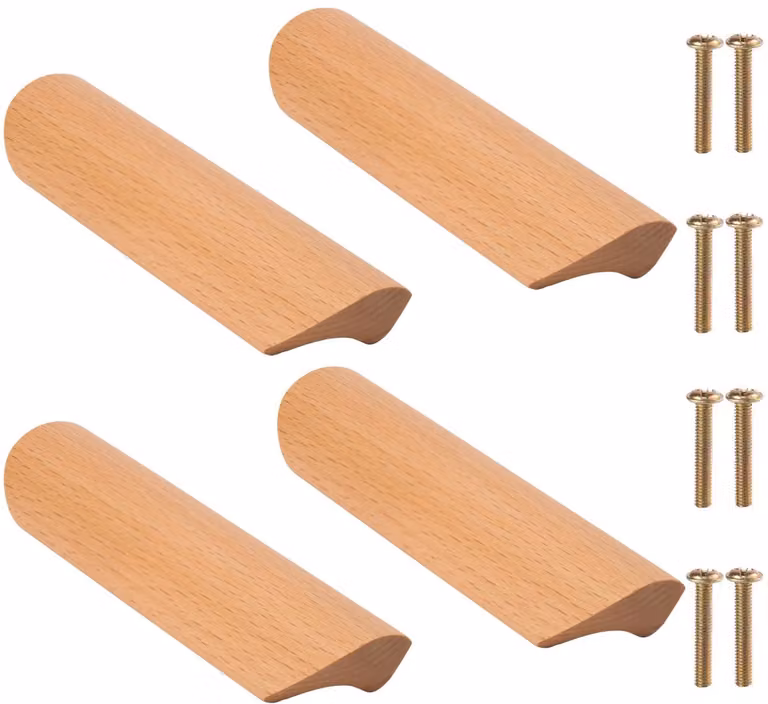 Dailygoods Set van 4 houten kastgrepen van beuken met 96 mm gatafstand inclusief schroeven