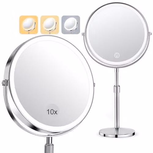 SURFOU Lustro LED make-upspiegel met 10x vergroting, 3 lichtmodi en 360 graden draaibaar ontwerp