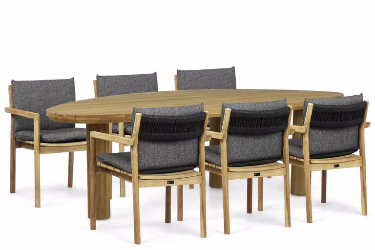 Santika Furniture Suka/Leafline 7-delige eettafelset voor in de tuin, 240 cm, Teak, Bruin/Grijs
