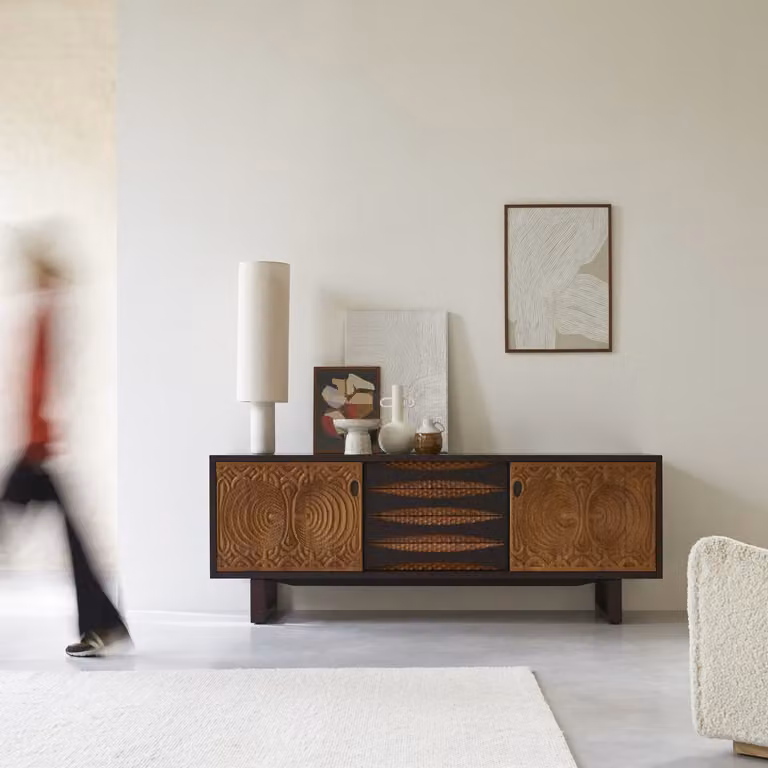 Tikamoon Frida Massief Mahoniehouten Dressoir - Bruin - Breedte: 205 cm, Hoogte: 76 cm, Diepte: 52 cm