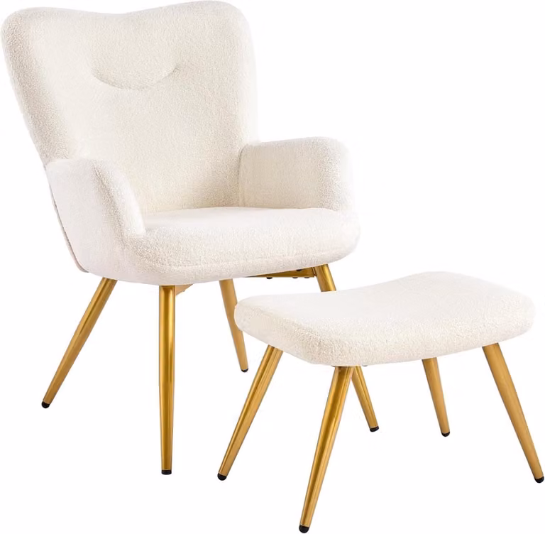 Luxe Bouclé Oorfauteuil met Hocker en Inklapbare Rugleuning - Ivoor Teddy Relaxstoel voor Woonkamer of Slaapkamer