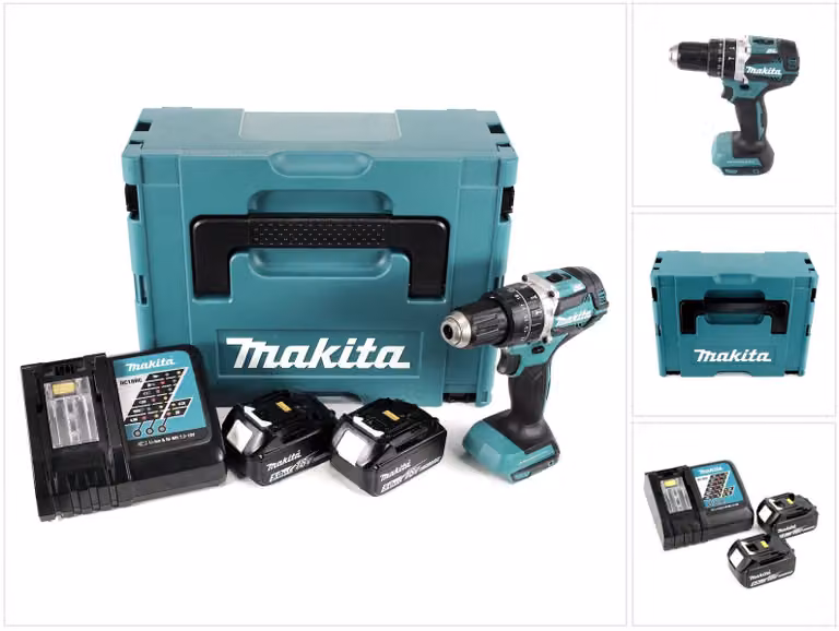 Makita DHP 484 RTJ 18V Brushless Li-Ion klopboormachine in Makpac met 2x BL 1850 B 5.0 Ah accu en DC18RC lader