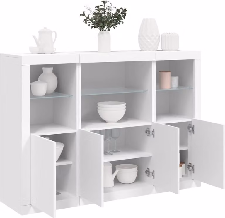vidaXL Set van 3 Moderne Dressoirs met LED-verlichting, Wit, Houtvezel