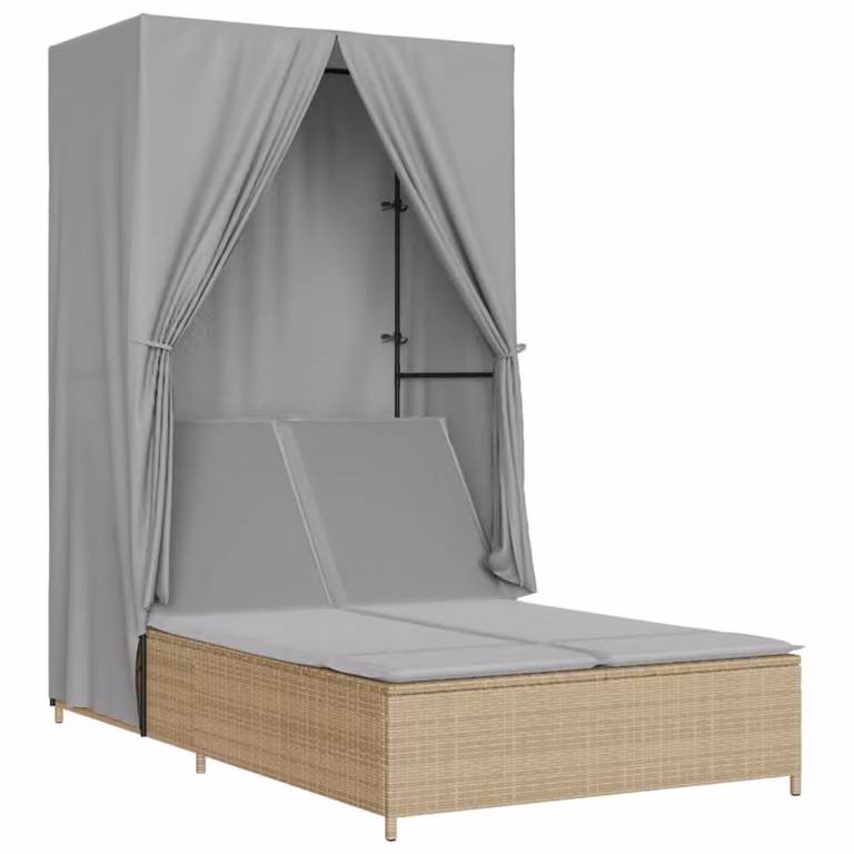vidaXL Dubbele ligbed met zonnedak en gordijnen, beige, polyrotan