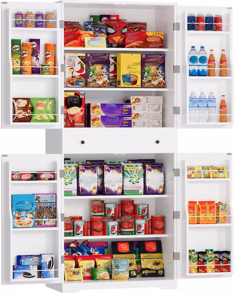 Hoge Keuken Voorraadkast met 12 Deurvakken en Lade - Luxe Buffetkast in Wit - H 183 x B 76 x D 40 cm