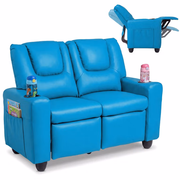 Costway Kinderstoel met ligfunctie voor 2 zitjes, Blauw, B/D/H: 54 x 94 x 68 cm
