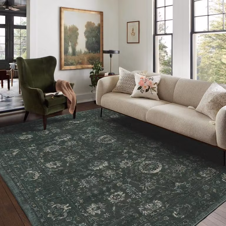 Donkergroen Wasbaar Vloerkleed met Bloemenprint in Oosterse Vintage en Boho Stijl van Polyester