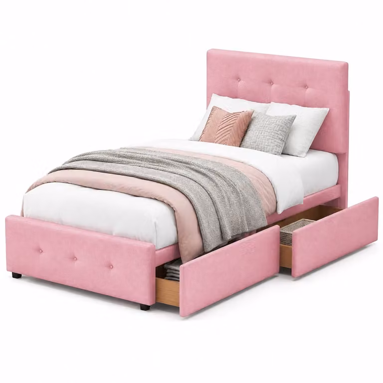 WUVRIE Gestoffeerd bed met lattenbodem, hoofdbord en opberglade, roze, 90 x 200 cm