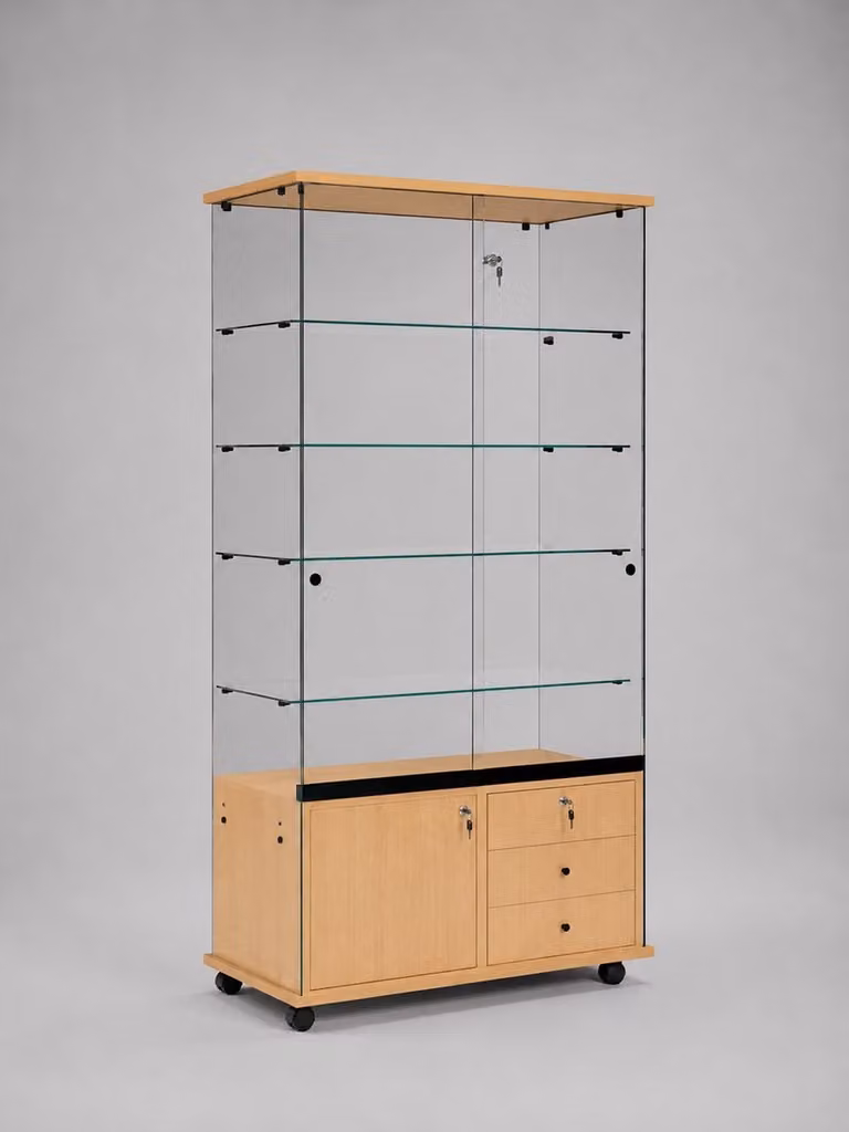 Volglas vitrine Elegance 6C met onderkast in beuken met glazen deuren en lades