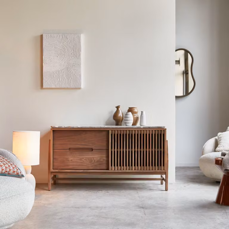 Tikamoon Isaure Buffetkast van massief notenhout en terrazzo - Bruin - B: 140 cm, D: 55 cm, H: 75 cm