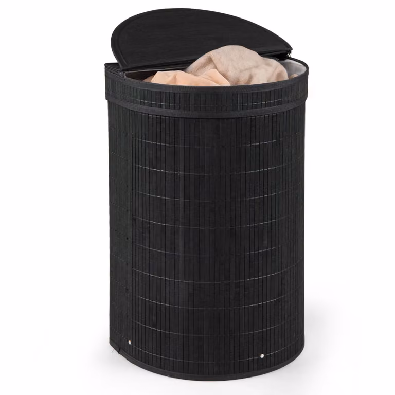 Costway Bamboe Wasmand met Deksel en Uitneembare Waszak, 60 Liter, Zwart