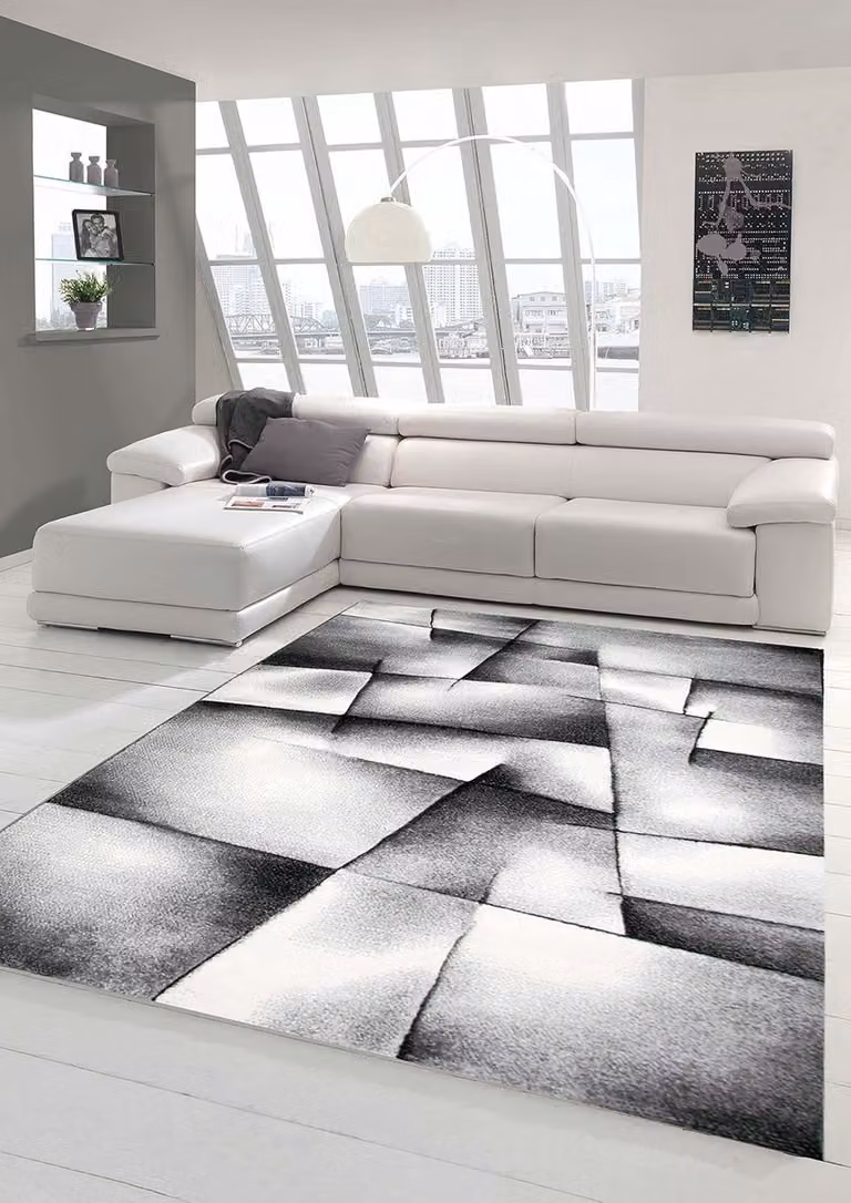 Modern abstract laagpolig tapijt voor woonkamer, slaapkamer of keuken - Grijs, zwart en wit - B/D: 160 x 230 cm