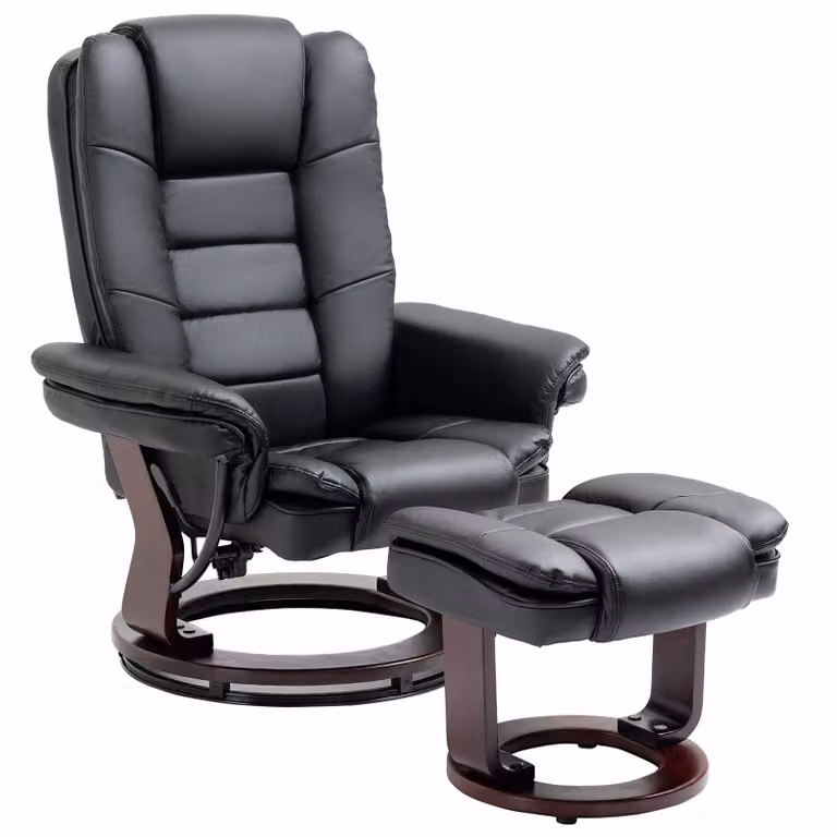 HOMCOM Relaxfauteuil met voetenbank, draaibare ligstoel met verstelbare rugleuning, zwart lederlook