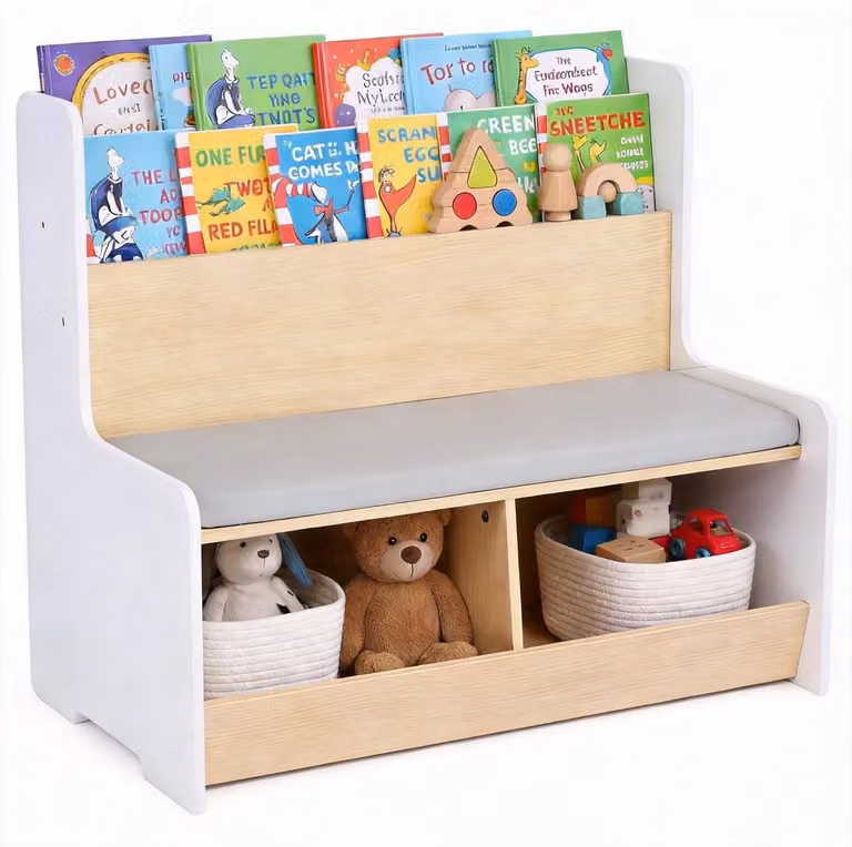 KOMFOTTEU 3-in-1 kinderzitbank met boekenkast en speelgoedrek - Houten kinderrek met 2 vakken en gevoerd kussen voor de kinderkamer