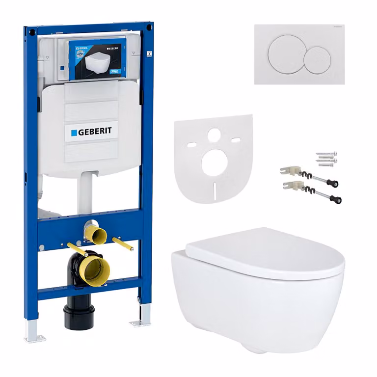 Geberit iCon toiletset met wandcloset model UP320, soft-close toiletzitting, bedieningsplaat en rimfree toilet in Duroplast