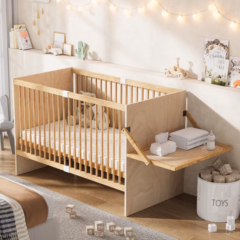 Okwish babybed met verschoningstafel en opbergruimte, ledikant van grenenhout, verstelbare bodem in 4 hoogtes, naturel, zonder matras