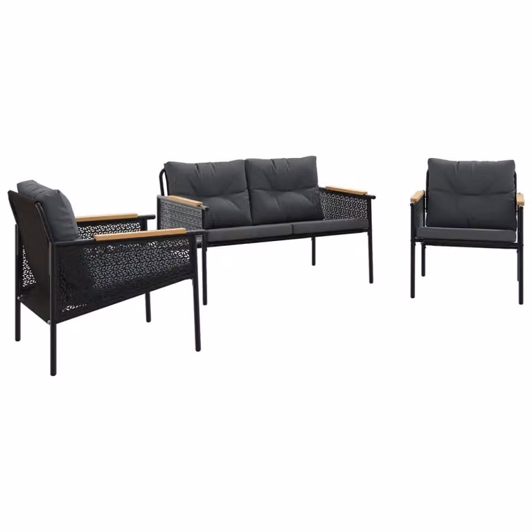 vidaXL 3-delige set balkonmeubels met kussens, zwart, staal