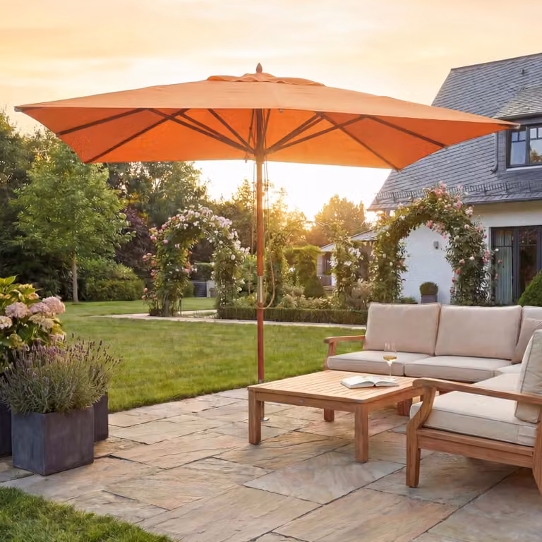 Mendler Gastronomie houten zonnescherm HWC-C57 met touwbediening, terracotta, 4 x 4 meter