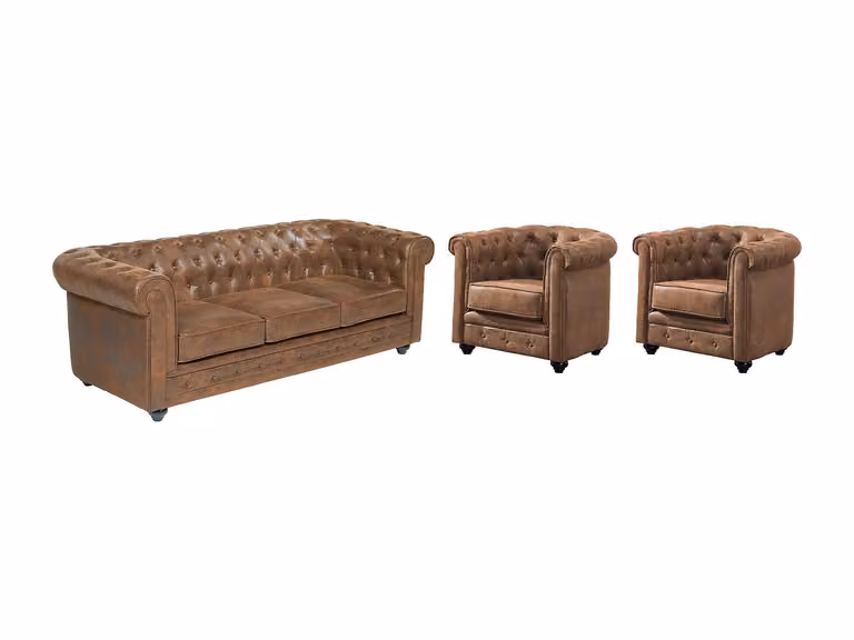 Vente-unique Chesterfield meubelset bestaande uit een driezitsbank en 2 fauteuils in bruin met vintage look en microvezel bekleding