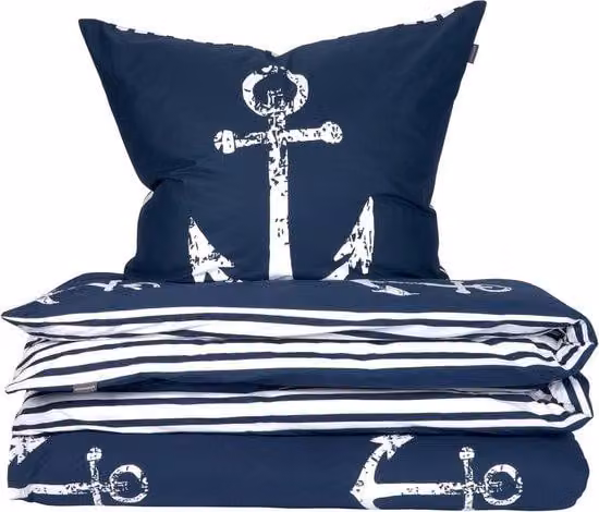 Famanu Beddengoedset Katoen Maritiem Marineblauw en Wit, 155 x 220 cm + 80 x 80 cm