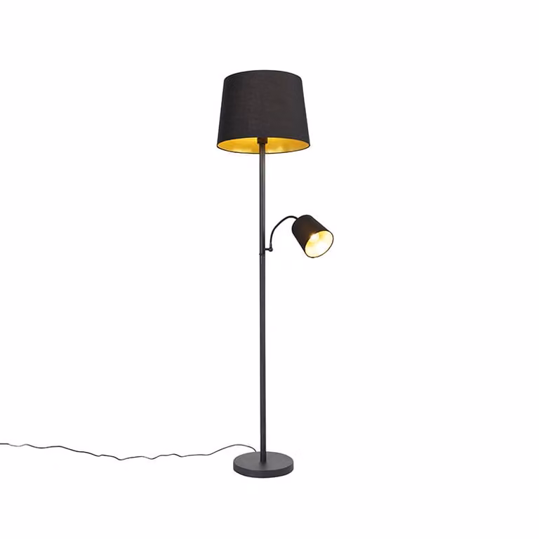 Qazqa Klassieke vloerlamp zwart en goud met verstelbaar leeslampje